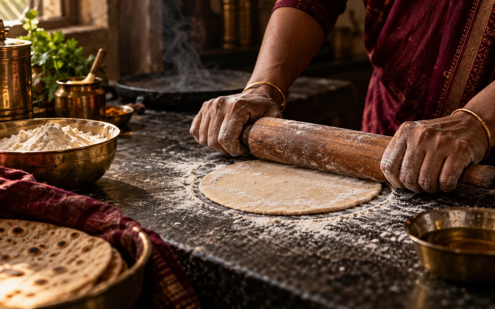 Illustration: hands rolling out fresh roti dough